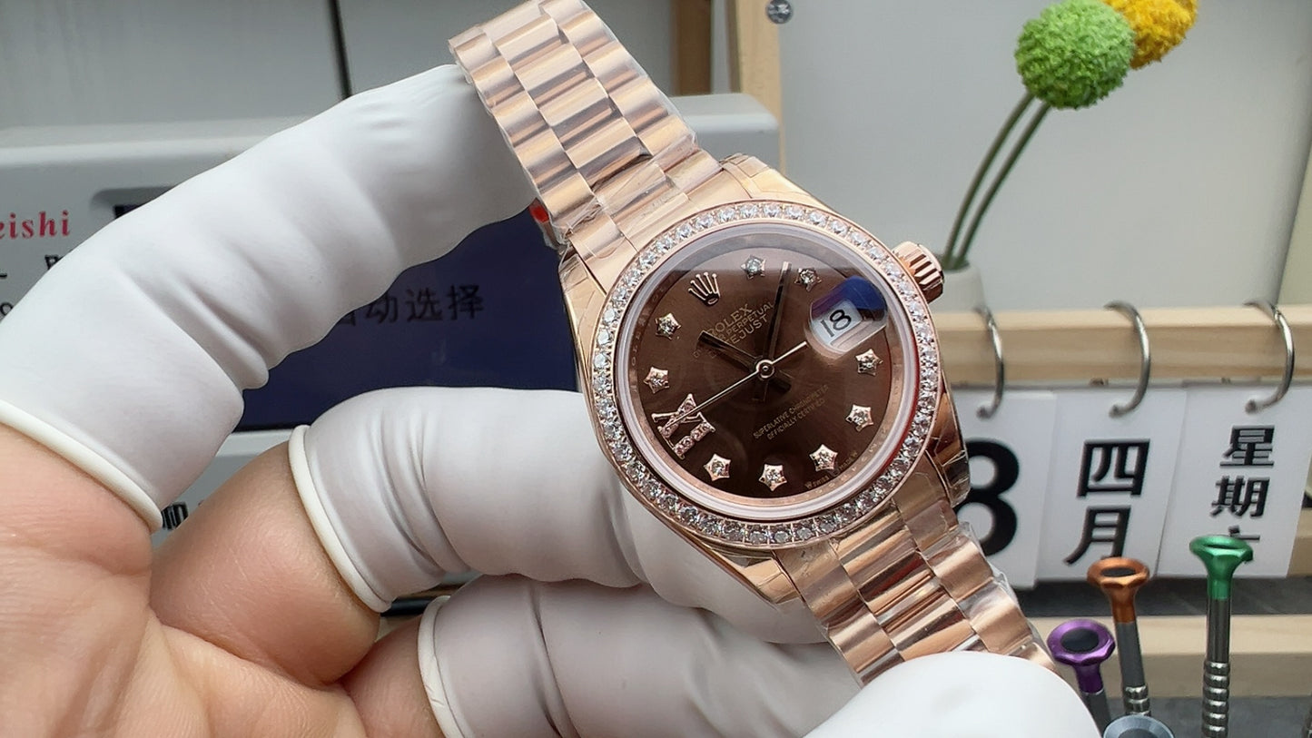Rolex Datejust Brown Dial Roman Diamond Markers + Rose Gold Bezel + RG