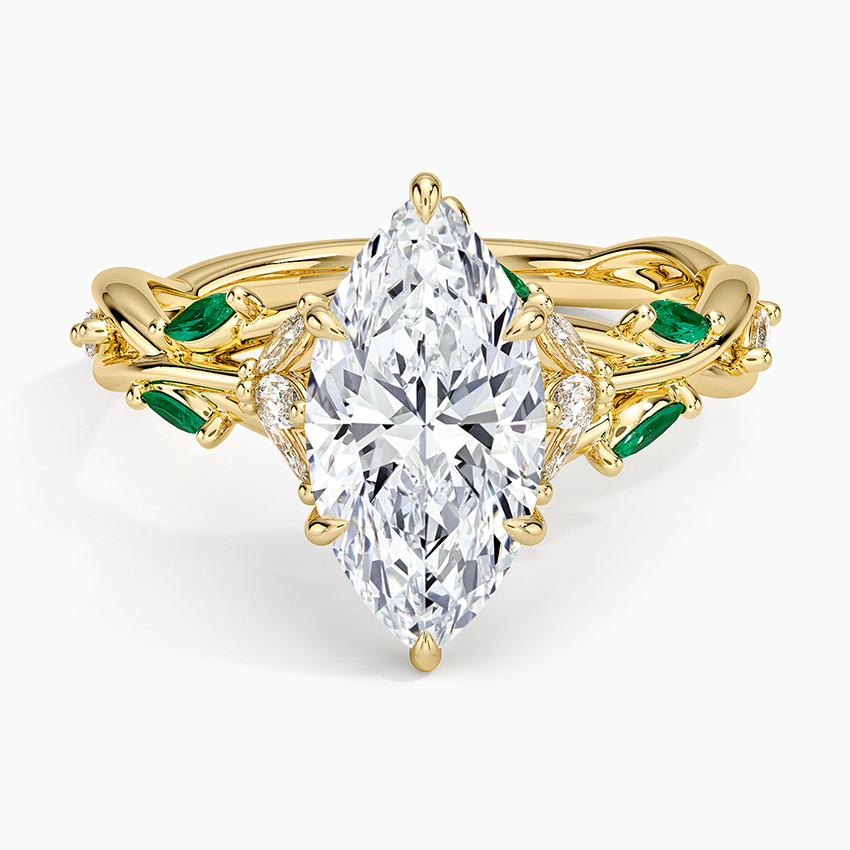 3ct Marquise Secret Garden Lab Emerald and Diamond Ring 18K Yellow Gold