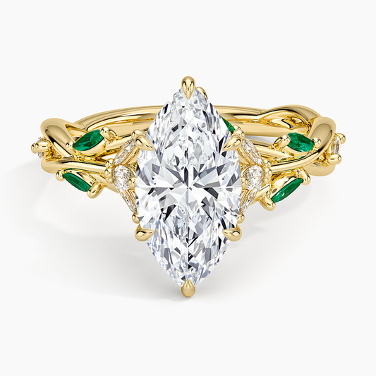3ct Marquise Secret Garden Lab Emerald and Diamond Ring 18K Yellow Gold