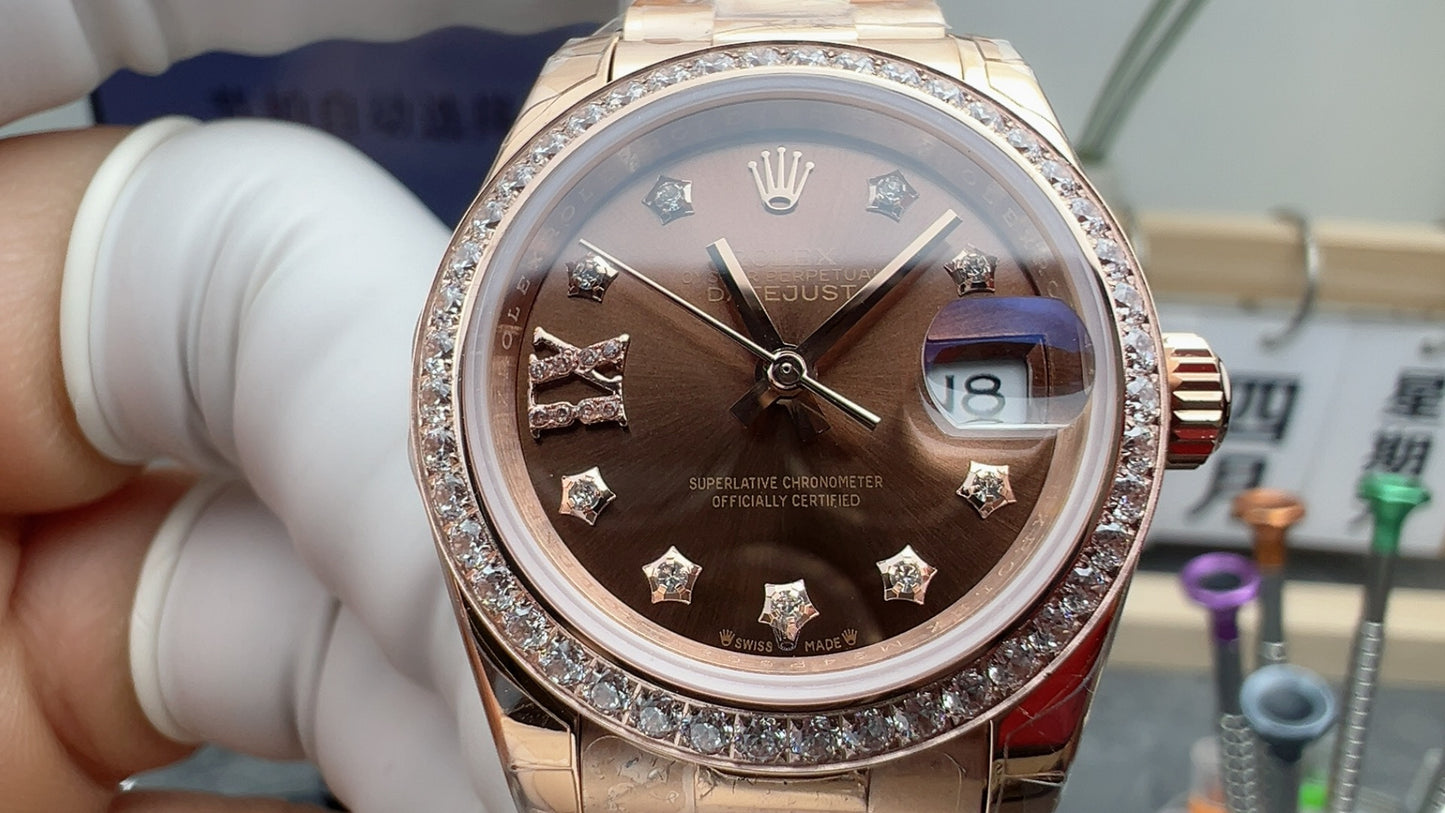 Rolex Datejust Brown Dial Roman Diamond Markers + Rose Gold Bezel + RG