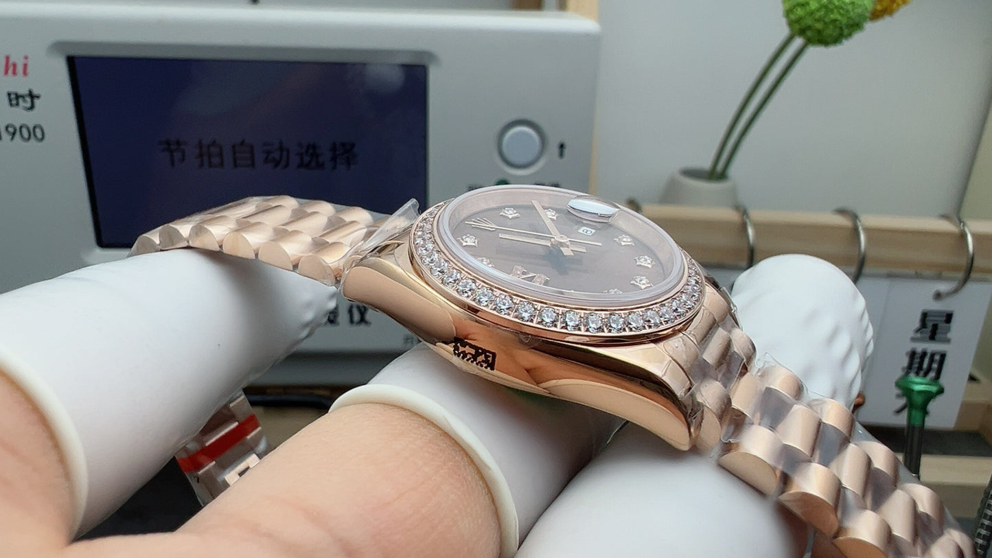 Rolex Datejust Brown Dial Roman Diamond Markers + Rose Gold Bezel + RG