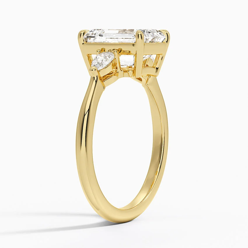 3ct Emerald Petite Opera Three Stone Diamond Ring 18K Yellow Gold