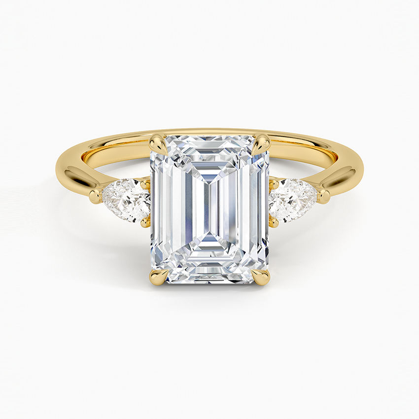 3ct Emerald Petite Opera Three Stone Diamond Ring 18K Yellow Gold
