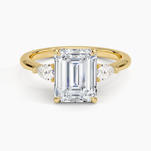 3ct Emerald Petite Opera Three Stone Diamond Ring 18K Yellow Gold