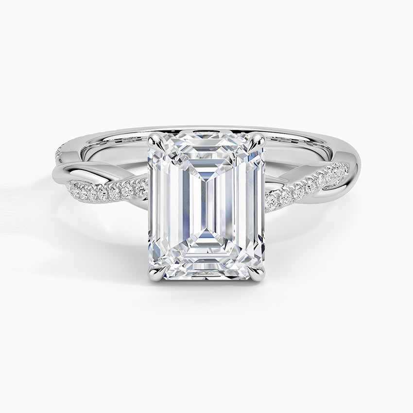 3ct Emerald Petite Twisted Vine Diamond Ring 18K White Gold