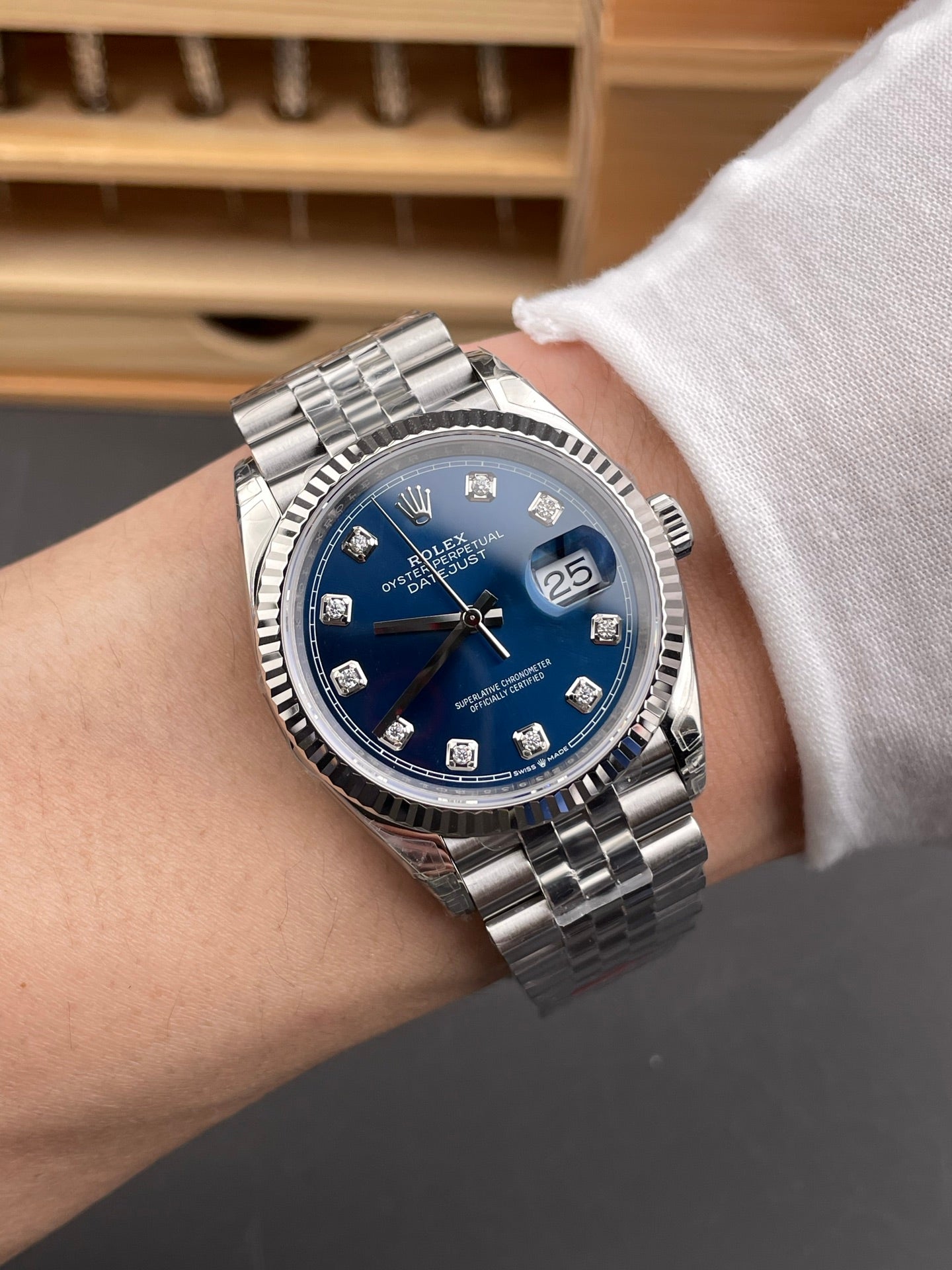 Rolex Datejust Blue Dial Diamond Markers + Steel Bezel + Jubilee