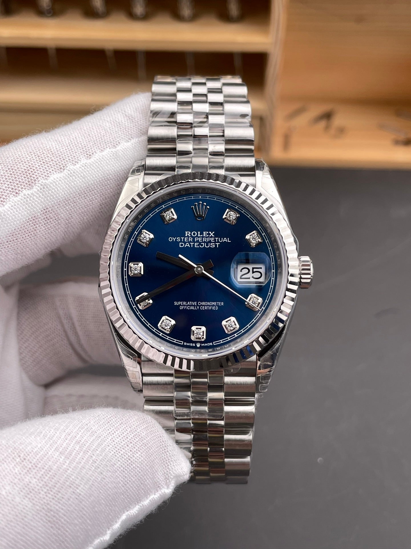 Rolex Datejust Blue Dial Diamond Markers + Steel Bezel + Jubilee
