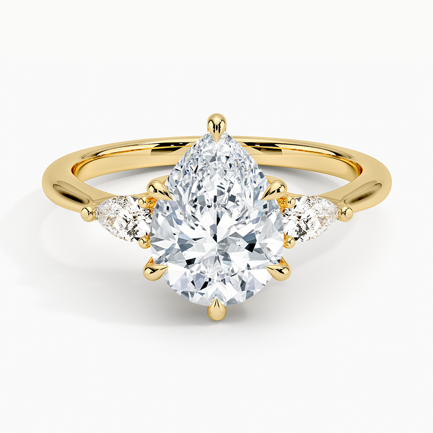 3ct Pear Petite Opera Three Stone Diamond Ring 18K Yellow Gold