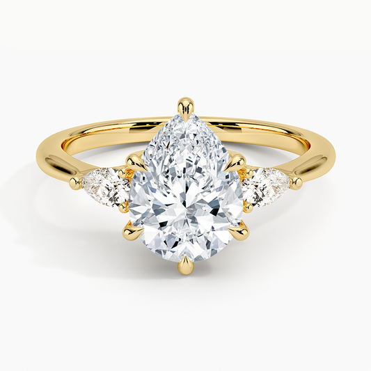 3ct Pear Petite Opera Three Stone Diamond Ring 18K Yellow Gold