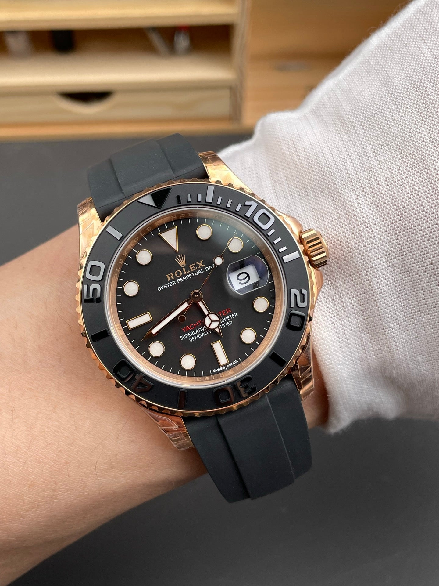 Rolex Yacht-Master Black Dial + Rose Gold Bezel + Rubber Strap