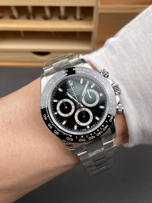 Rolex Daytona Black Dial + White Bezel + Steel Bracelet