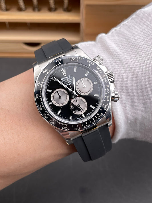 Rolex Daytona Black Dial + Steel Bezel + Rubber Strap