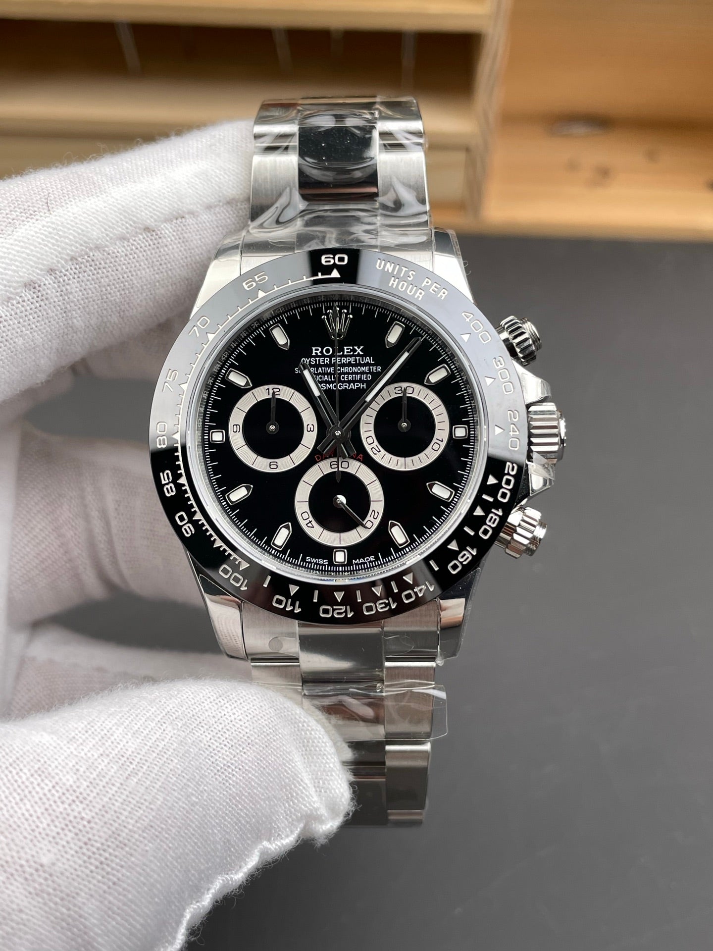 Rolex Daytona Black Dial + White Bezel + Steel Bracelet