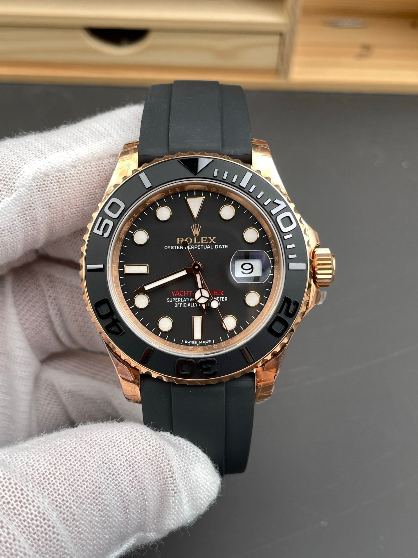 Rolex Yacht-Master Black Dial + Rose Gold Bezel + Rubber Strap