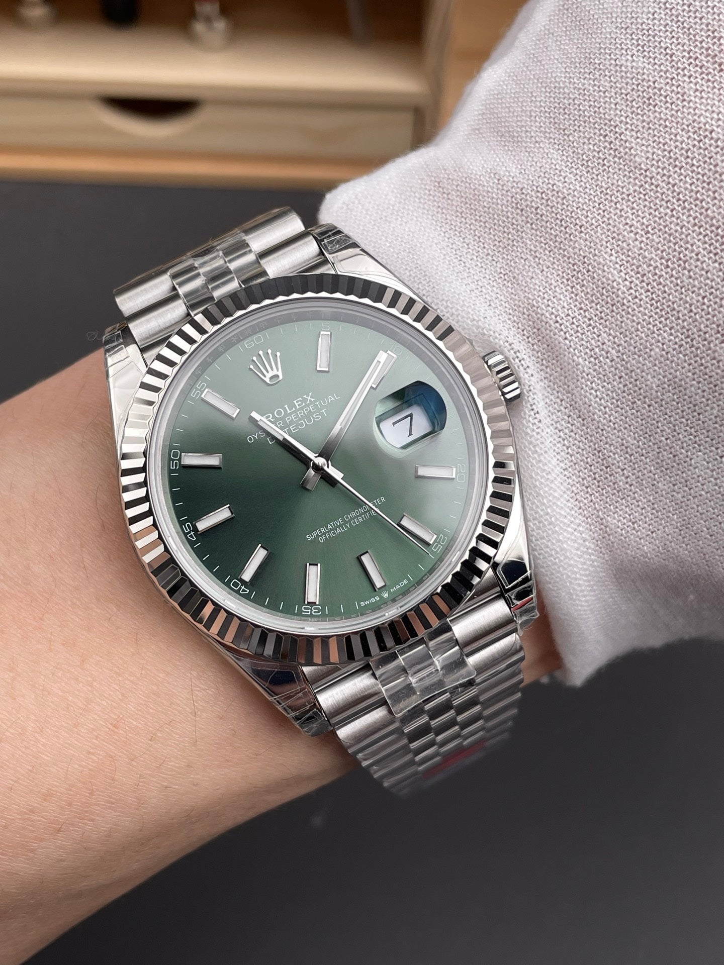 Rolex Datejust Green Dial Stick Markers + Steel Bezel + Jubilee