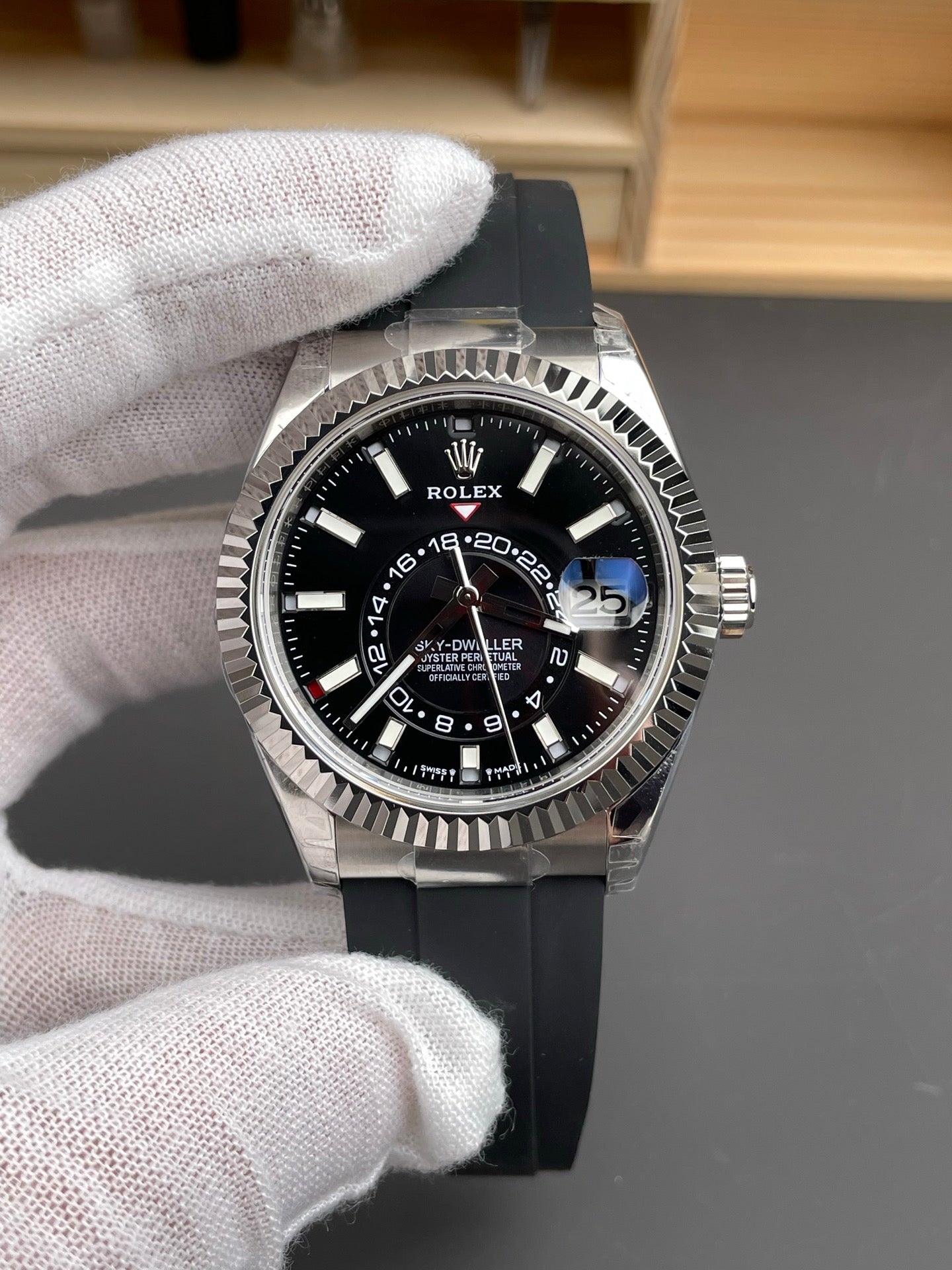 Rolex Sky-Dweller Black Dial + Steel Bezel + Rubber Strap