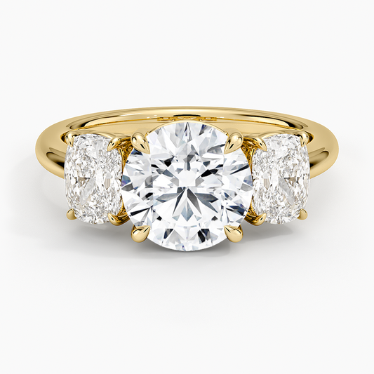 3ct Round Luxe Faye Elongated Cushion Three Stone Diamond Ring 18K Yellow Gold