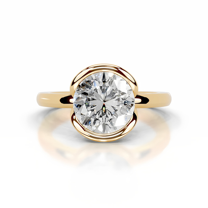 2ct Round Half Bezel Setting Solitaire Ring 18K Yellow Gold