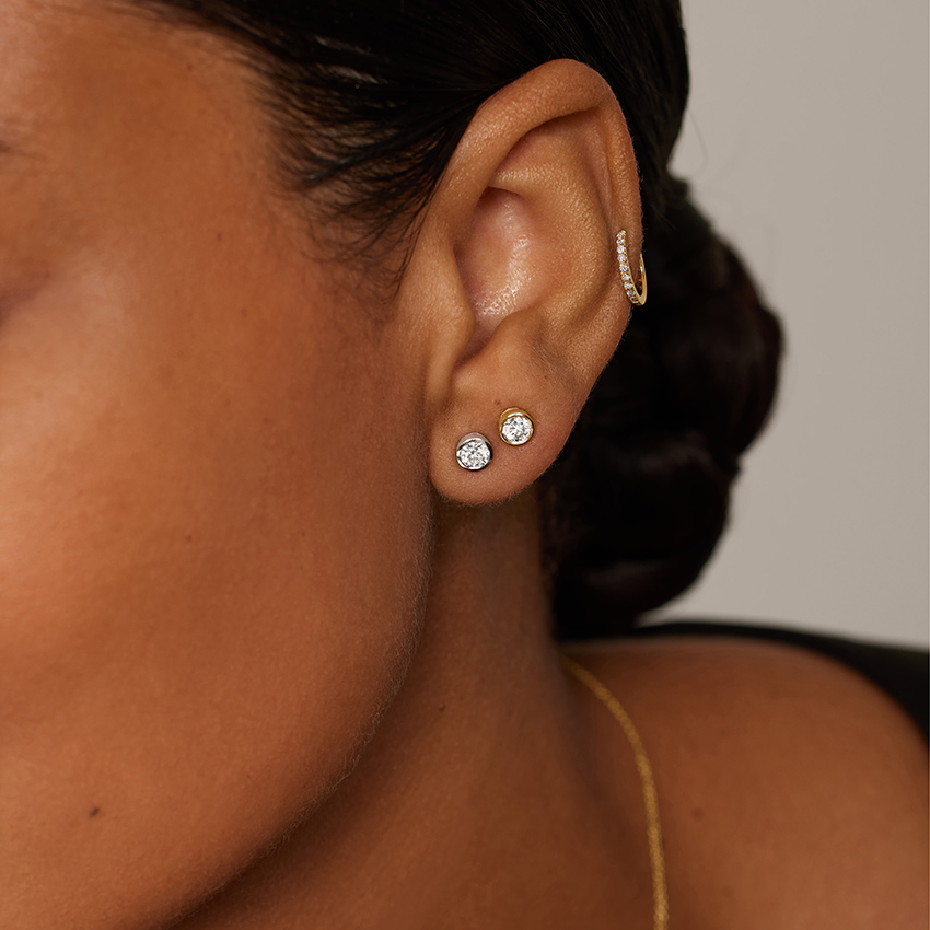 Round Lab Diamond Bezel Stud Earrings 14K Yellow Gold