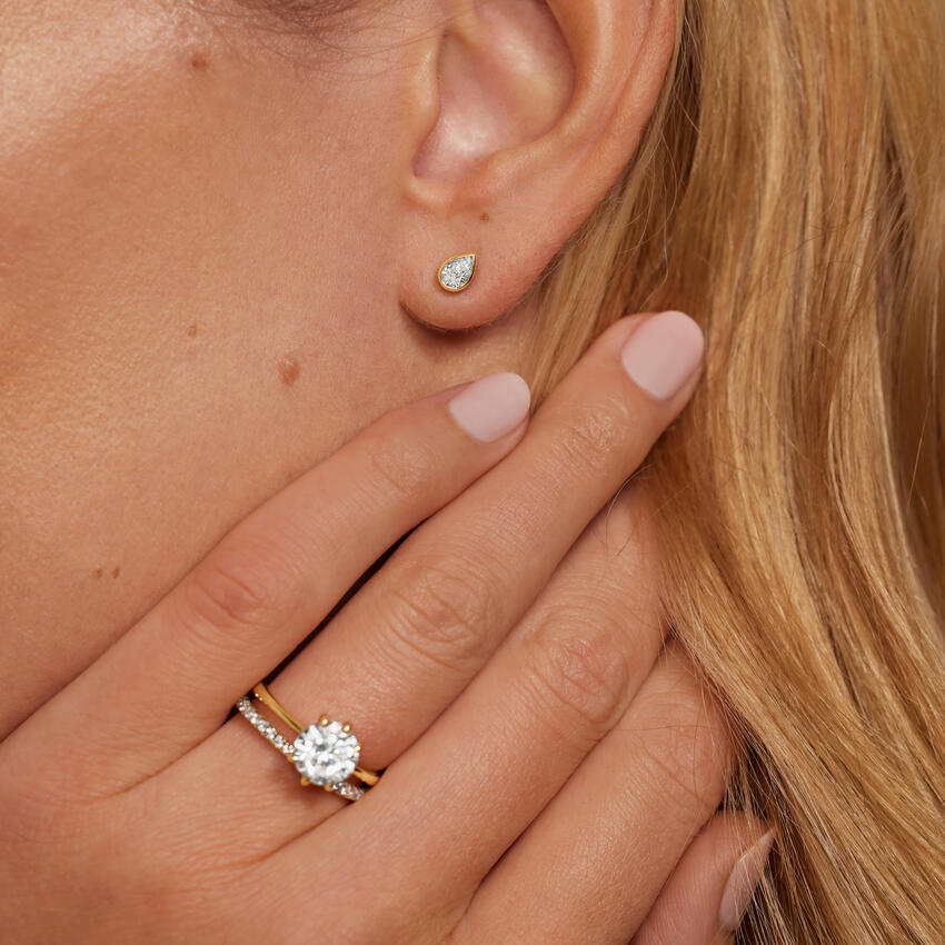 Pear Shaped Lab Diamond Bezel Stud Earrings 14K Yellow Gold