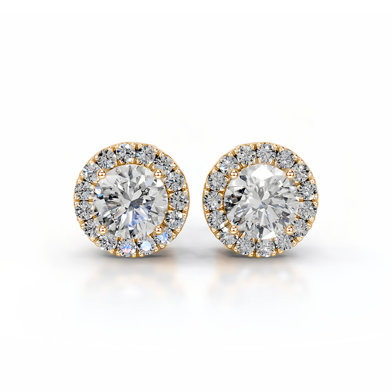 Round Halo Stud Earrings 14K Yellow Gold