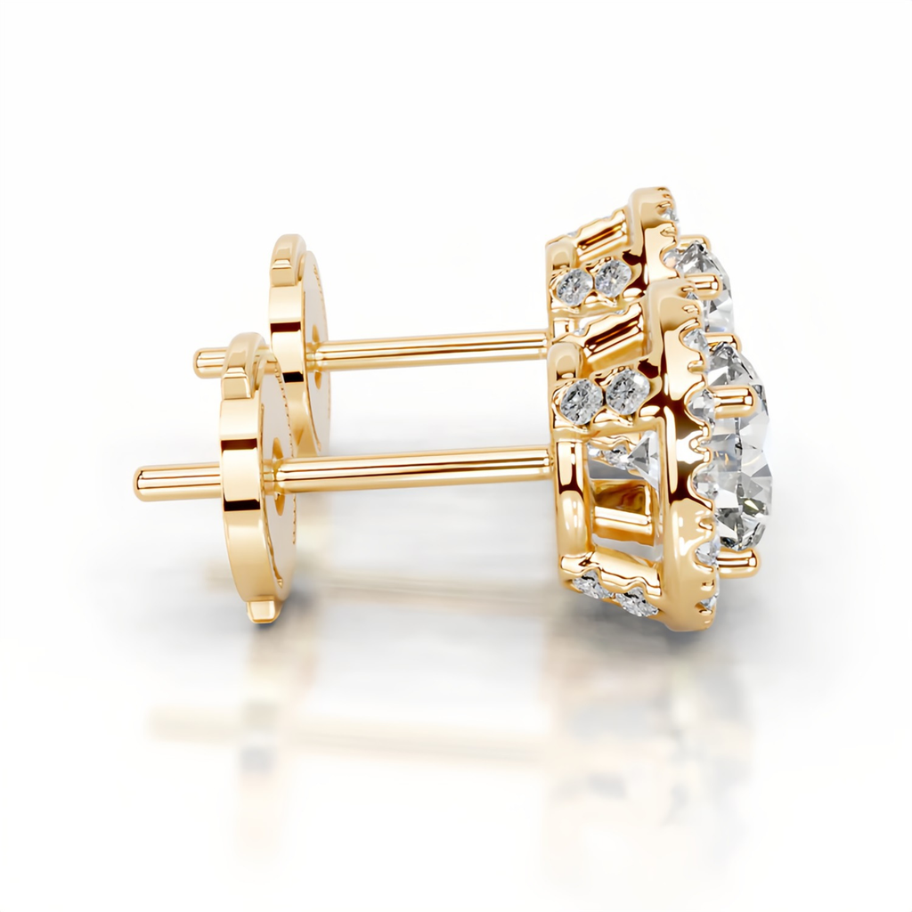 Round Halo Stud Earrings 14K Yellow Gold