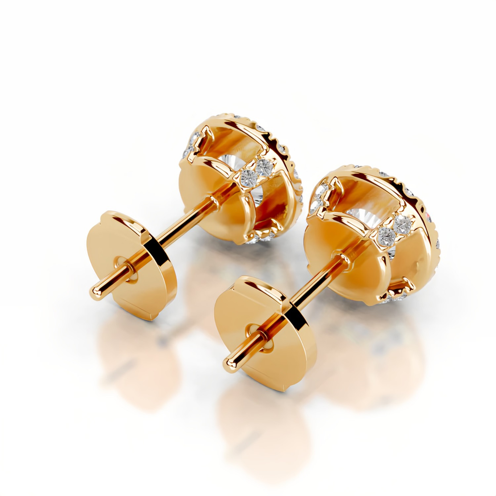 Round Halo Stud Earrings 14K Yellow Gold