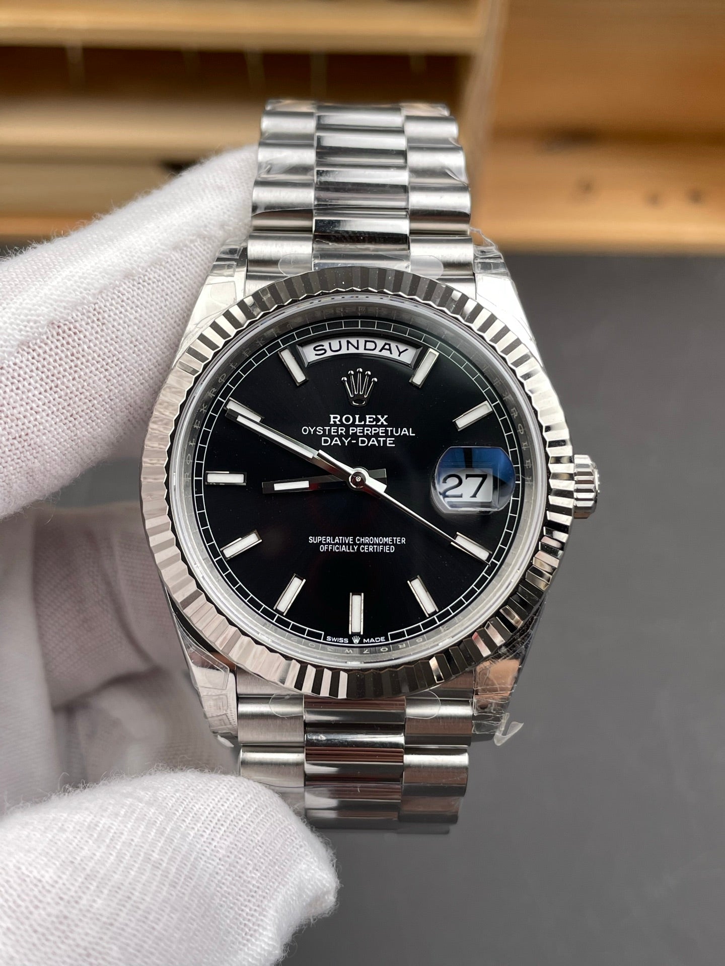 Rolex Day-Date Black Dial Stick Markers + Fluted Bezel +  President