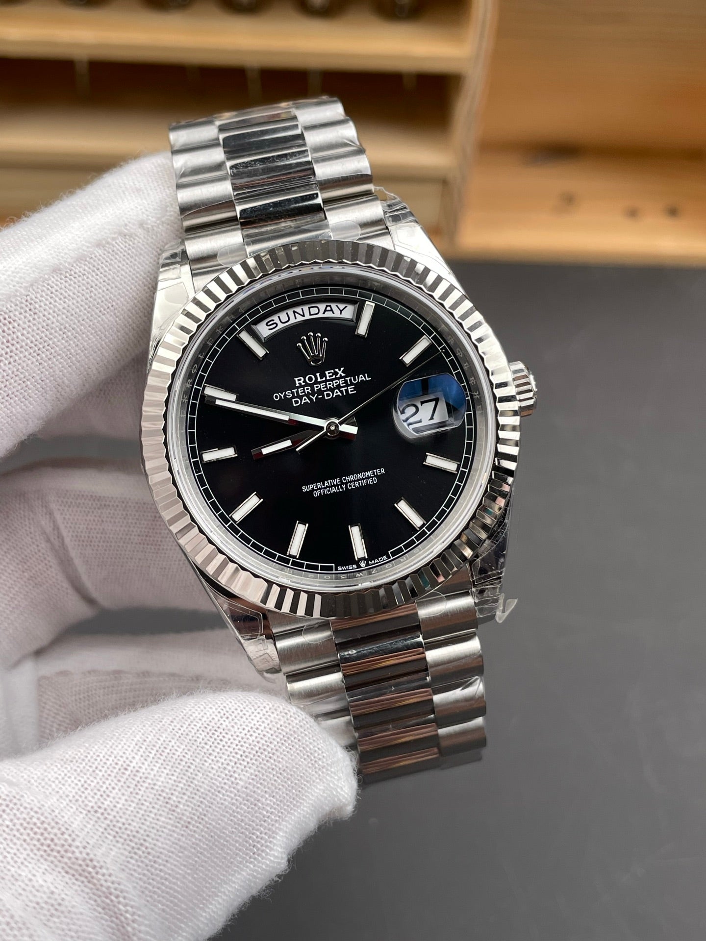 Rolex Day-Date Black Dial Stick Markers + Fluted Bezel +  President