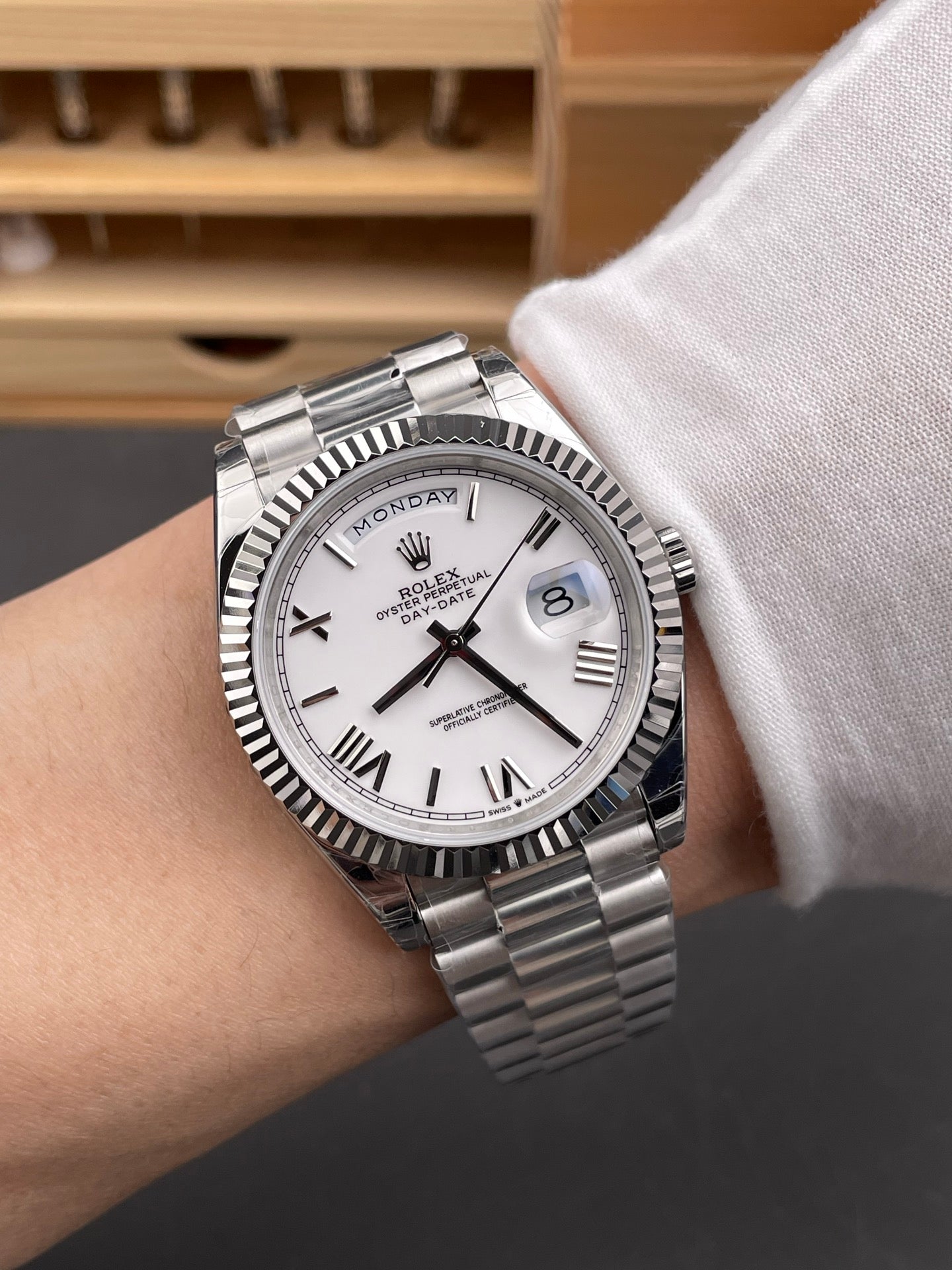 Rolex Day-Date White Dial Roman Markers + Fluted Bezel +  President