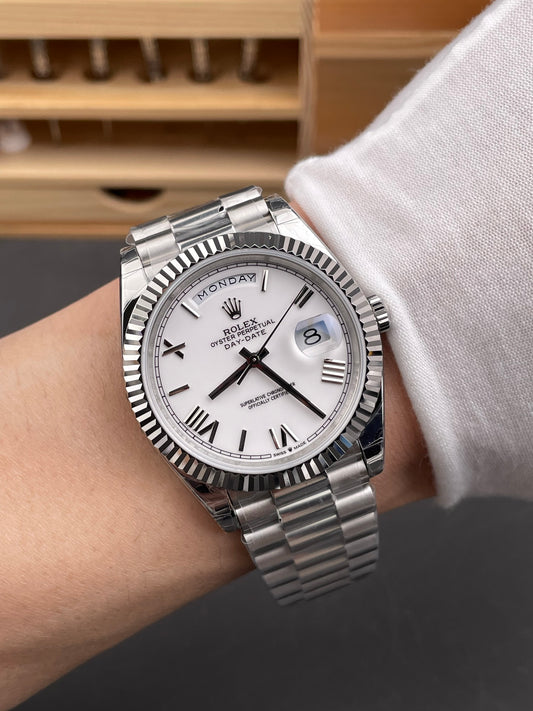 Rolex Day-Date White Dial Roman Markers + Fluted Bezel +  President