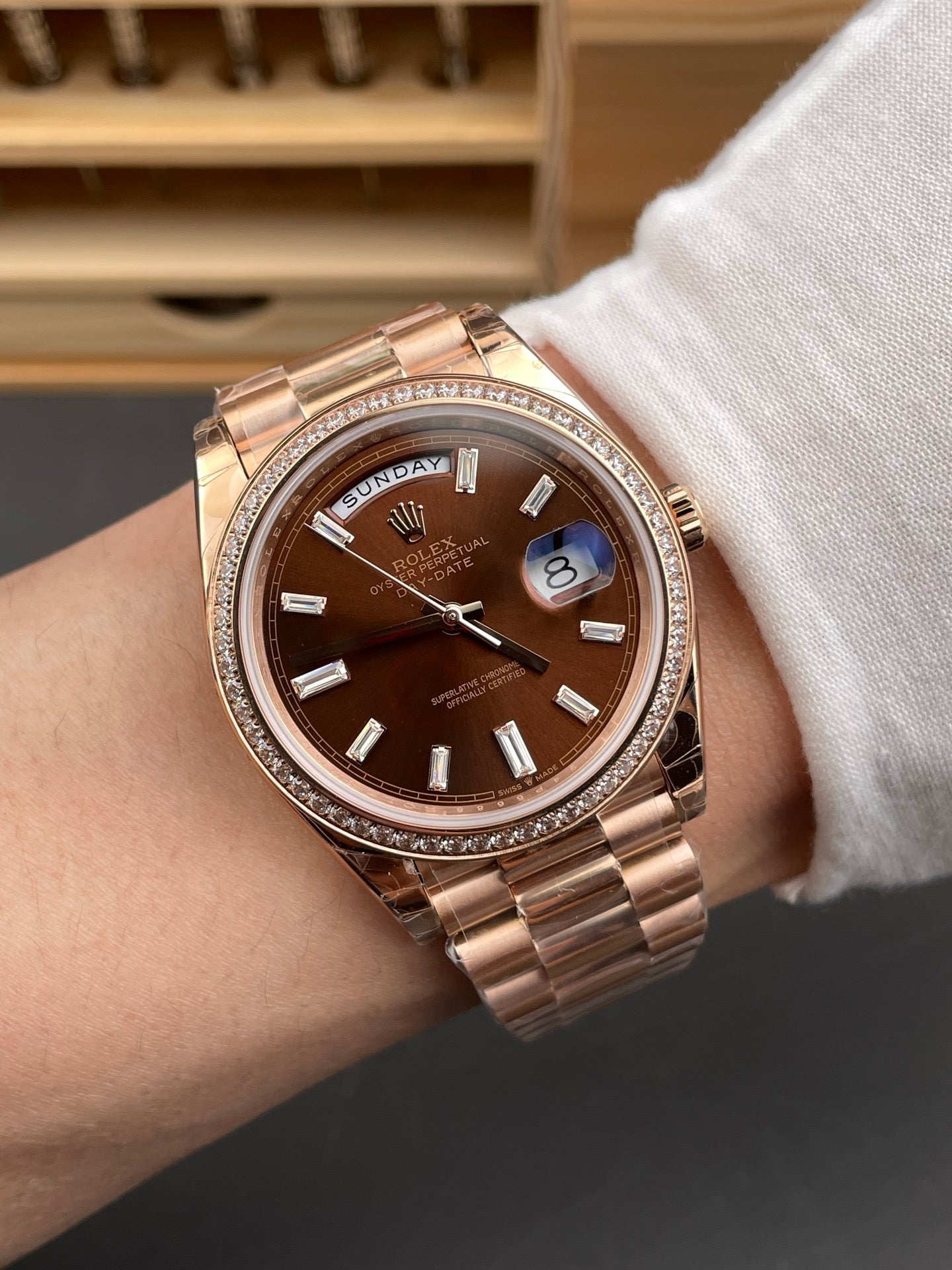 Rolex Day-Date Ice Grown Dial  Stick Markers + Diamond Bezel + Rose Gold President