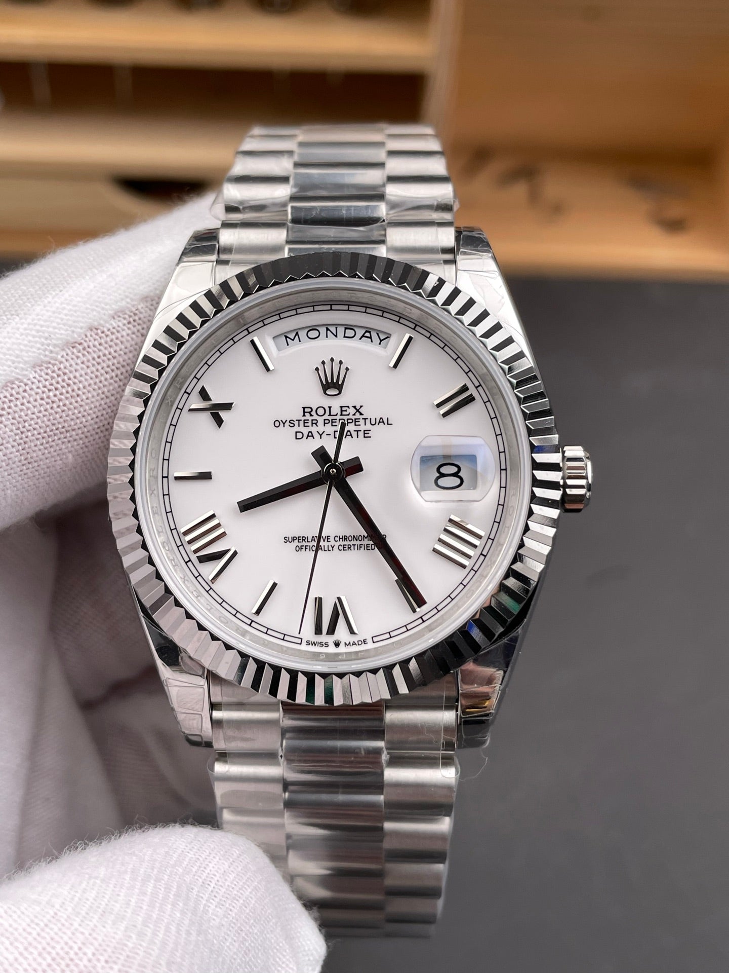 Rolex Day-Date White Dial Roman Markers + Fluted Bezel +  President