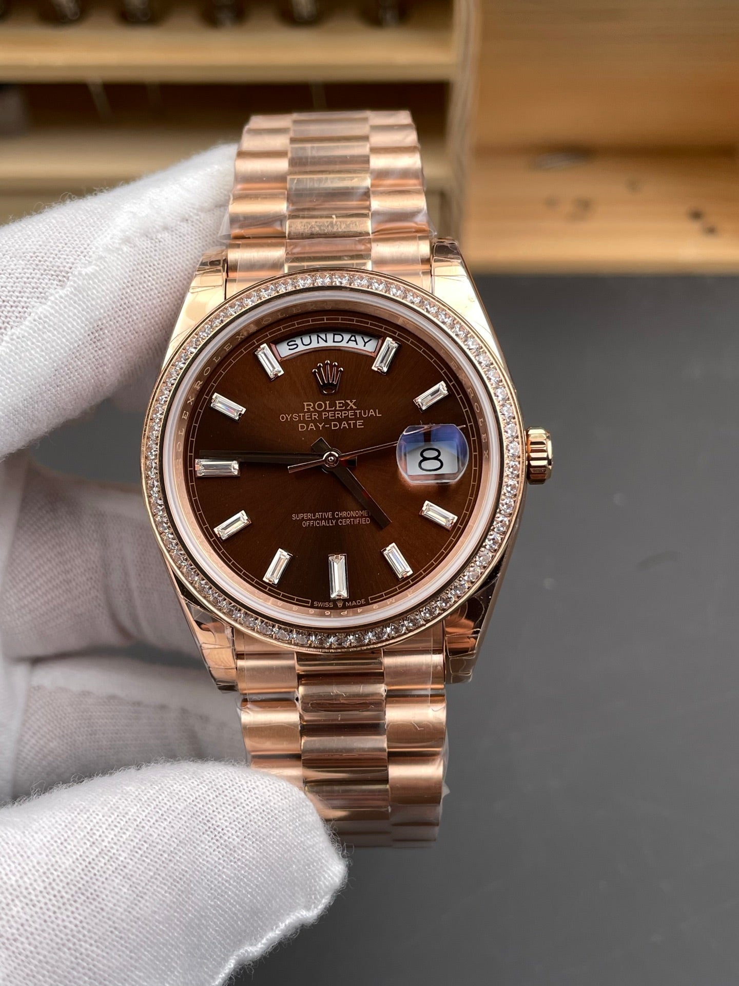 Rolex Day-Date Ice Grown Dial  Stick Markers + Diamond Bezel + Rose Gold President