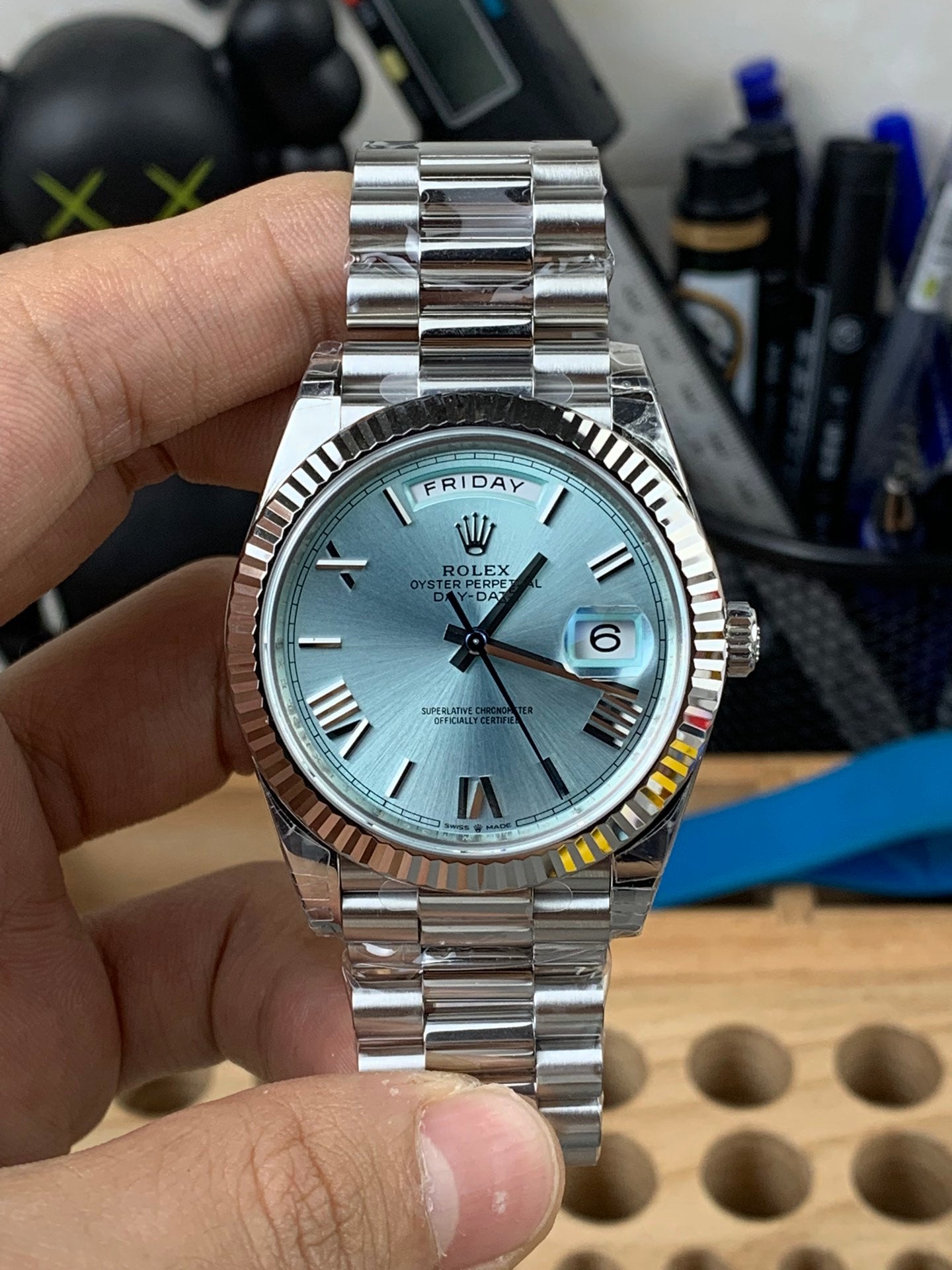 Rolex Day-Date Ice Blue Dial  Roman Markers +Fluted Bezel + President