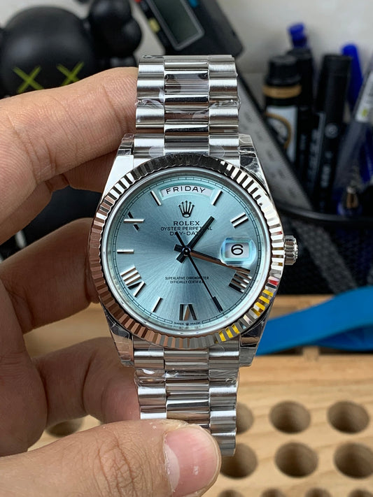 Rolex Day-Date Ice Blue Dial  Roman Markers +Fluted Bezel + President