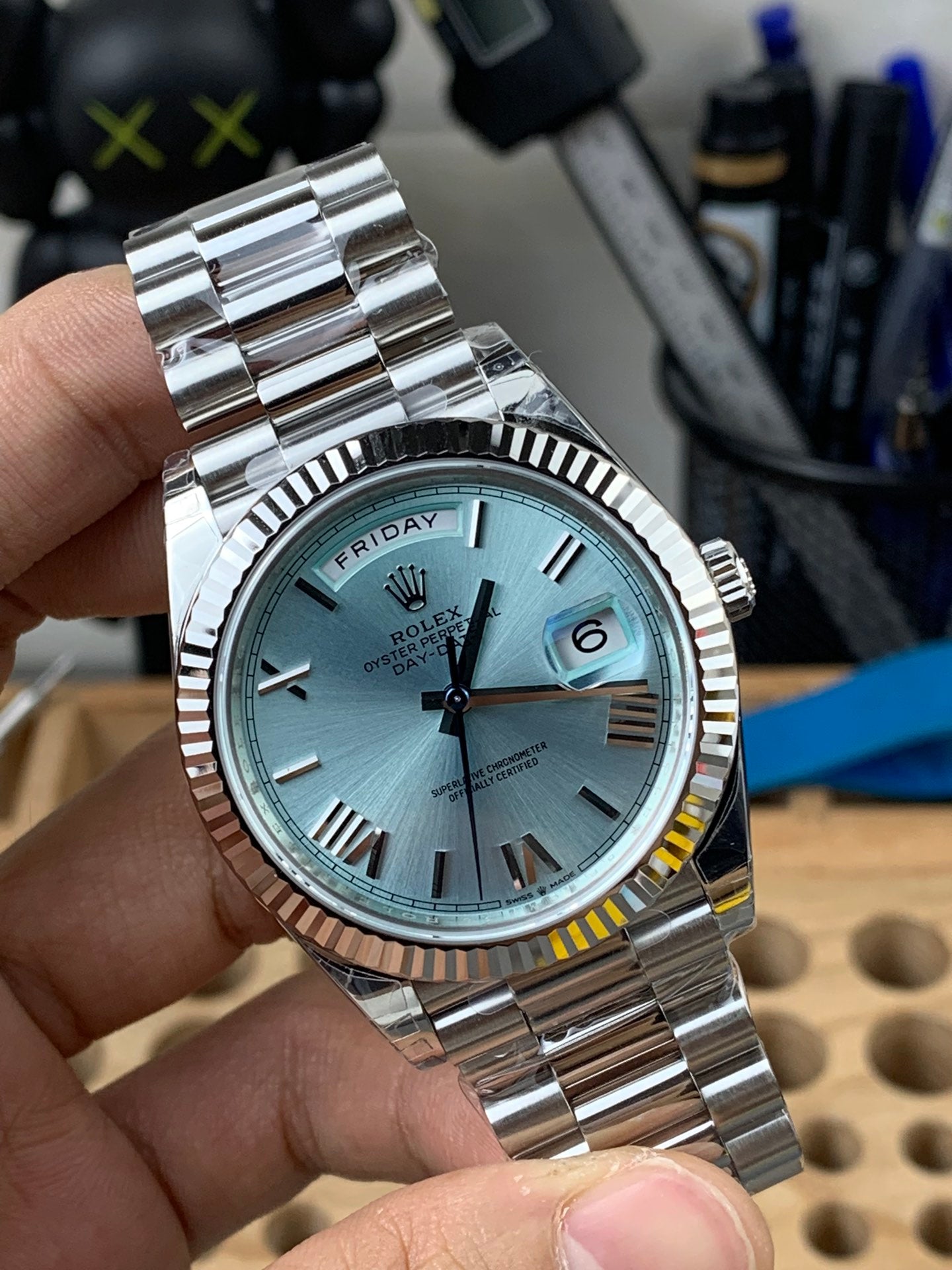 Rolex Day-Date Ice Blue Dial  Roman Markers +Fluted Bezel + President
