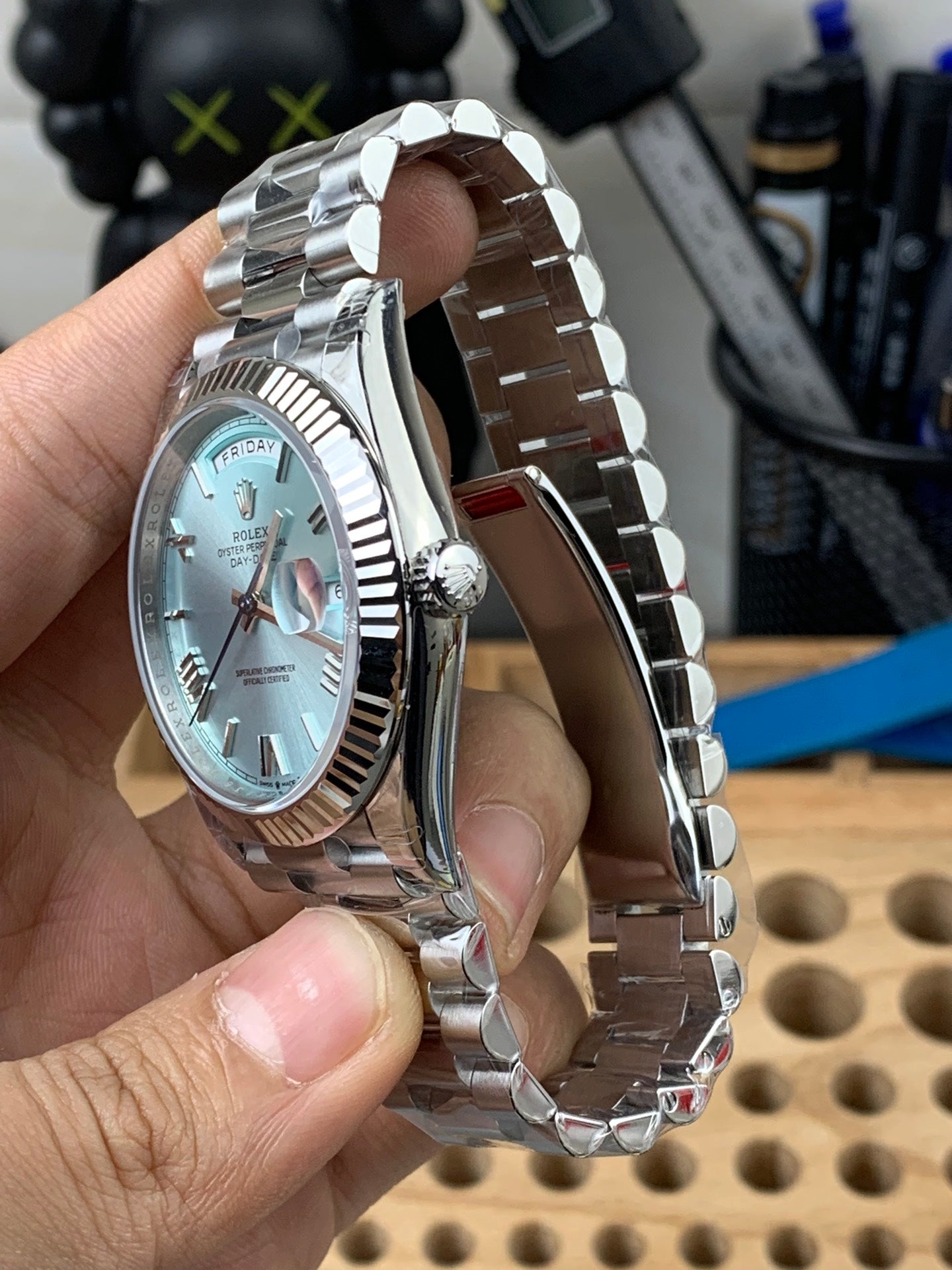 Rolex Day-Date Ice Blue Dial  Roman Markers +Fluted Bezel + President