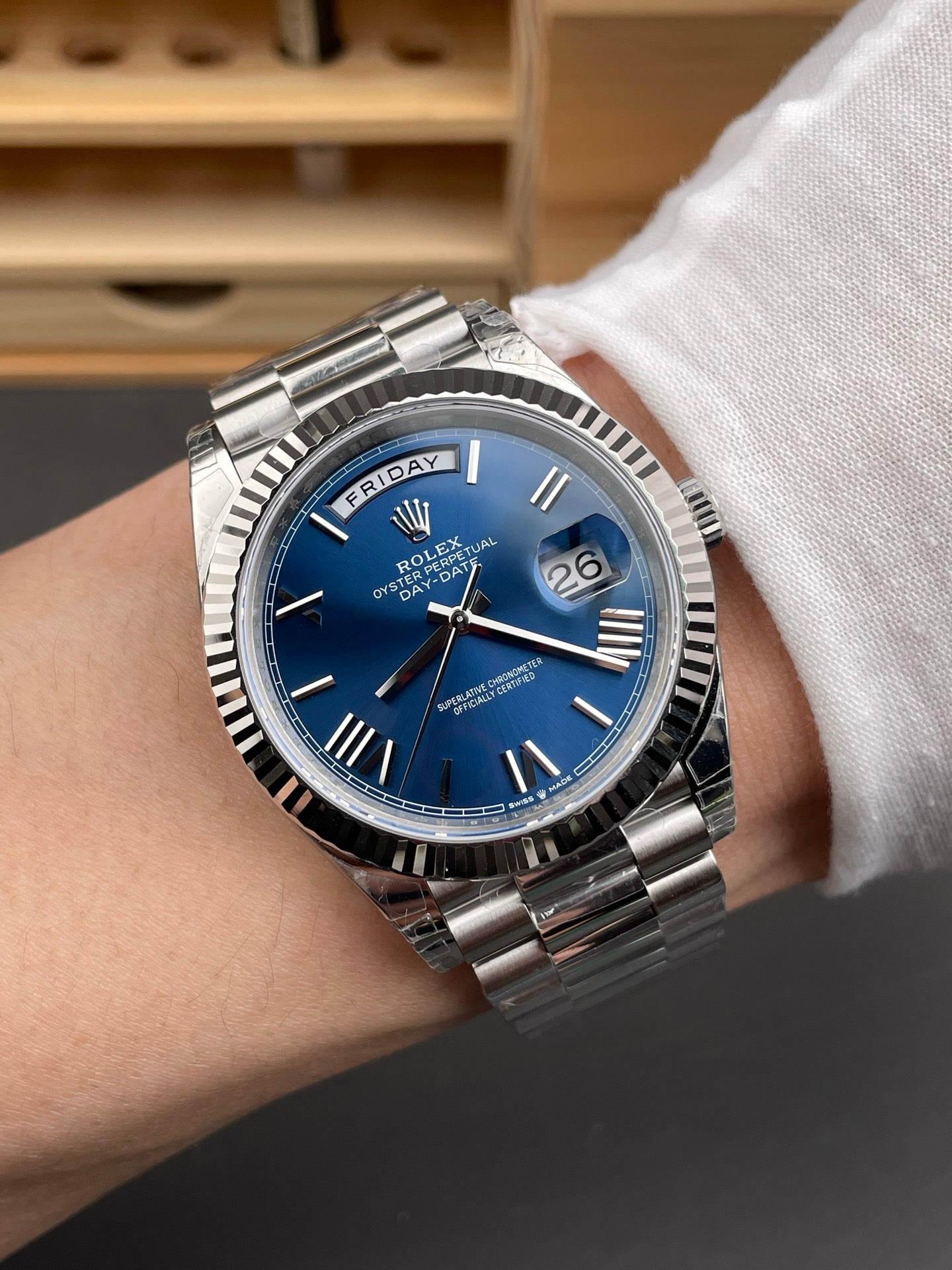 Rolex Day-Date Blue Dial  Stick Markers + Fluted Bezel +  President