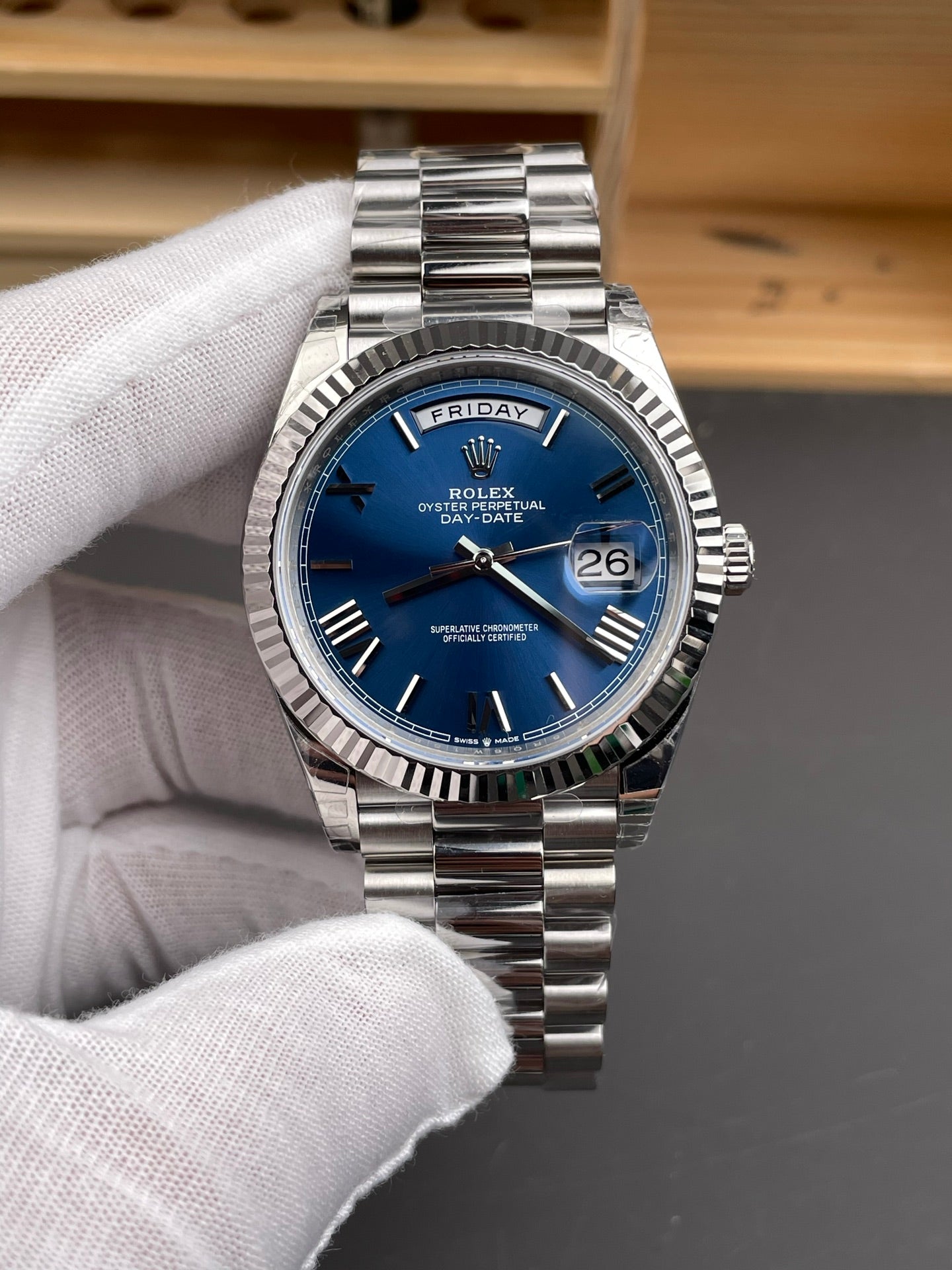 Rolex Day-Date Blue Dial  Stick Markers + Fluted Bezel +  President