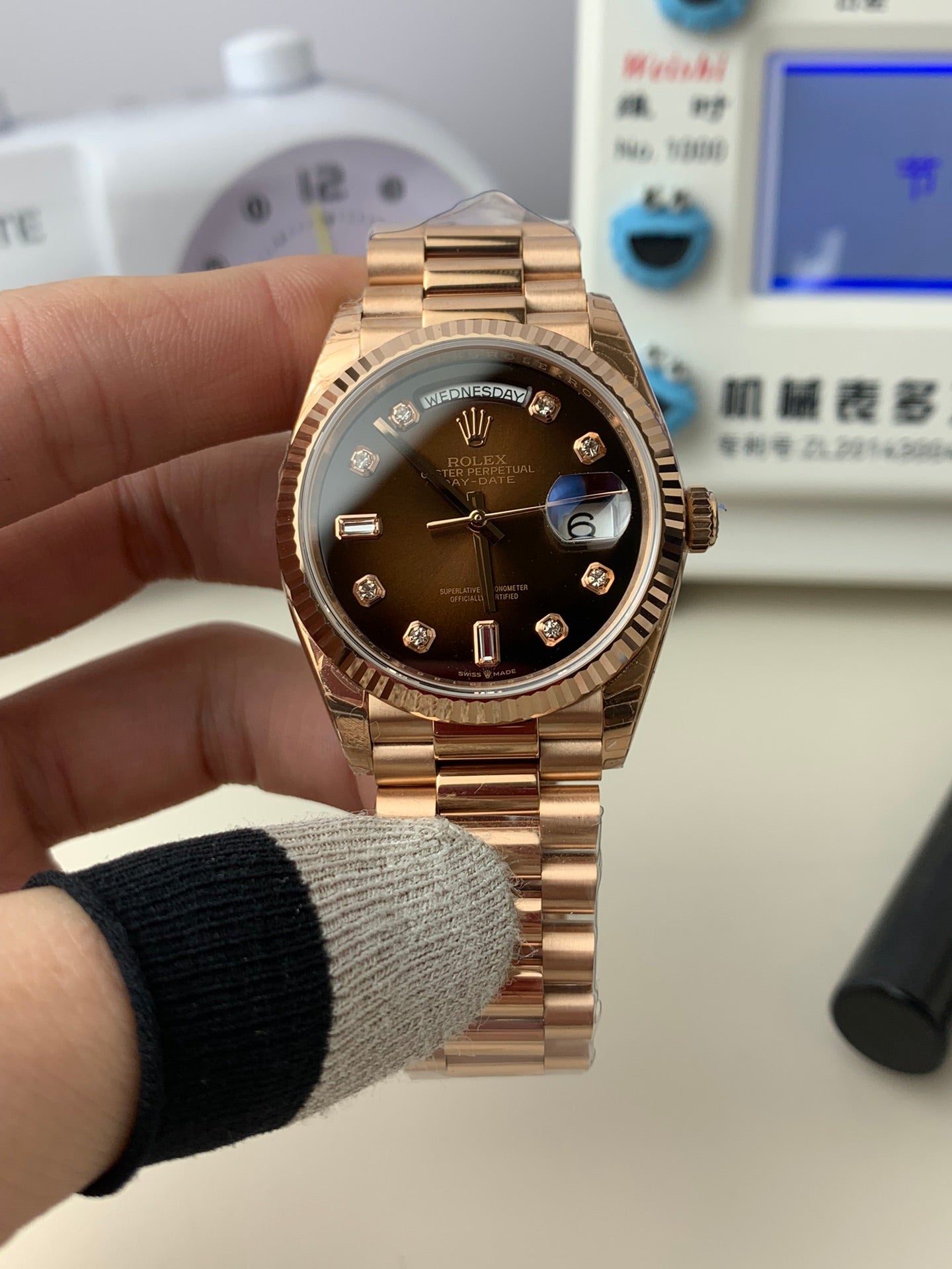 Rolex Day-Date Ice Grown Dial  Diamond Markers + Rose Gold Bezel + President