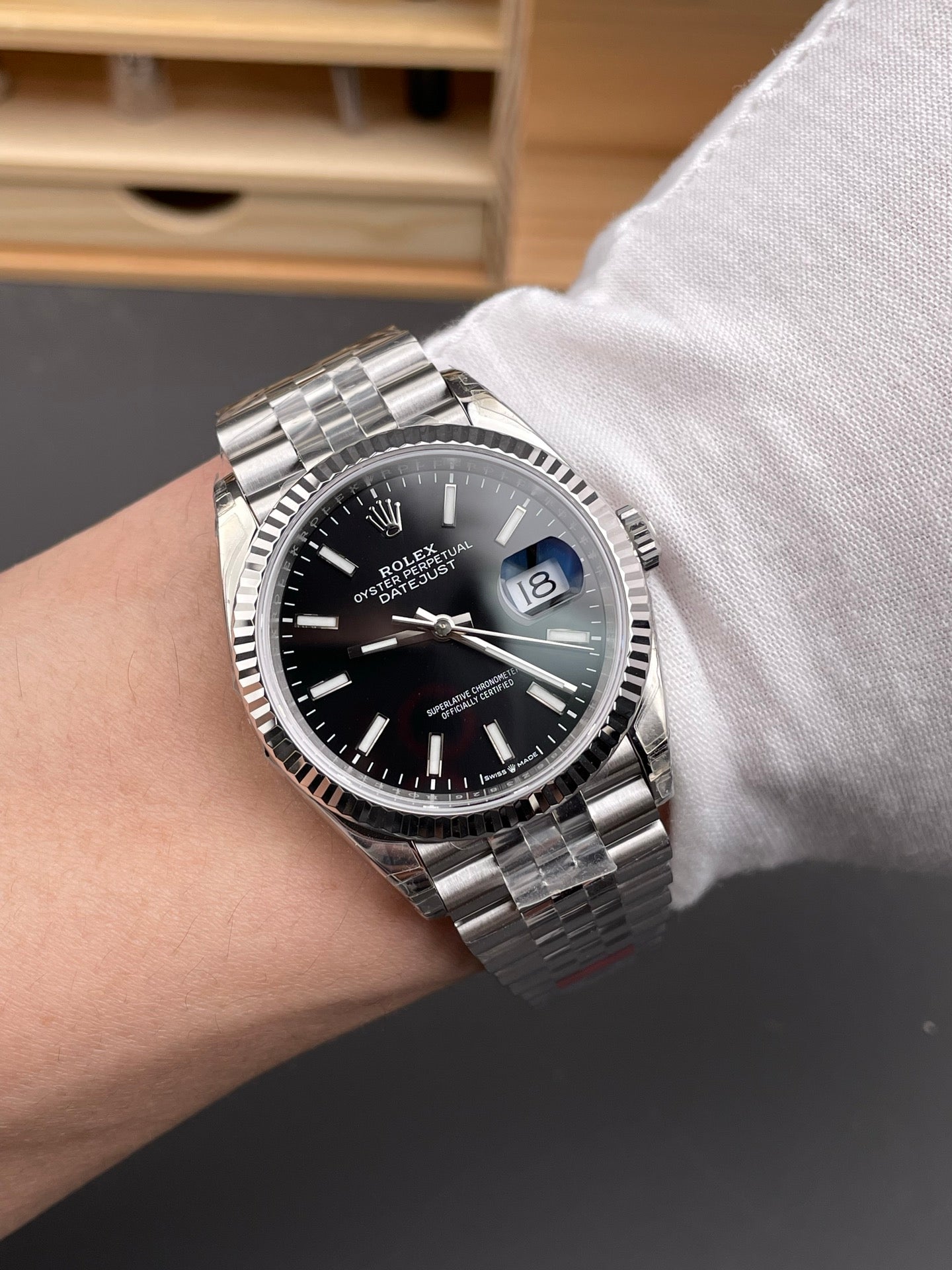 Rolex Datejust Black Dial Stick Markers + Steel Bezel + Jubilee