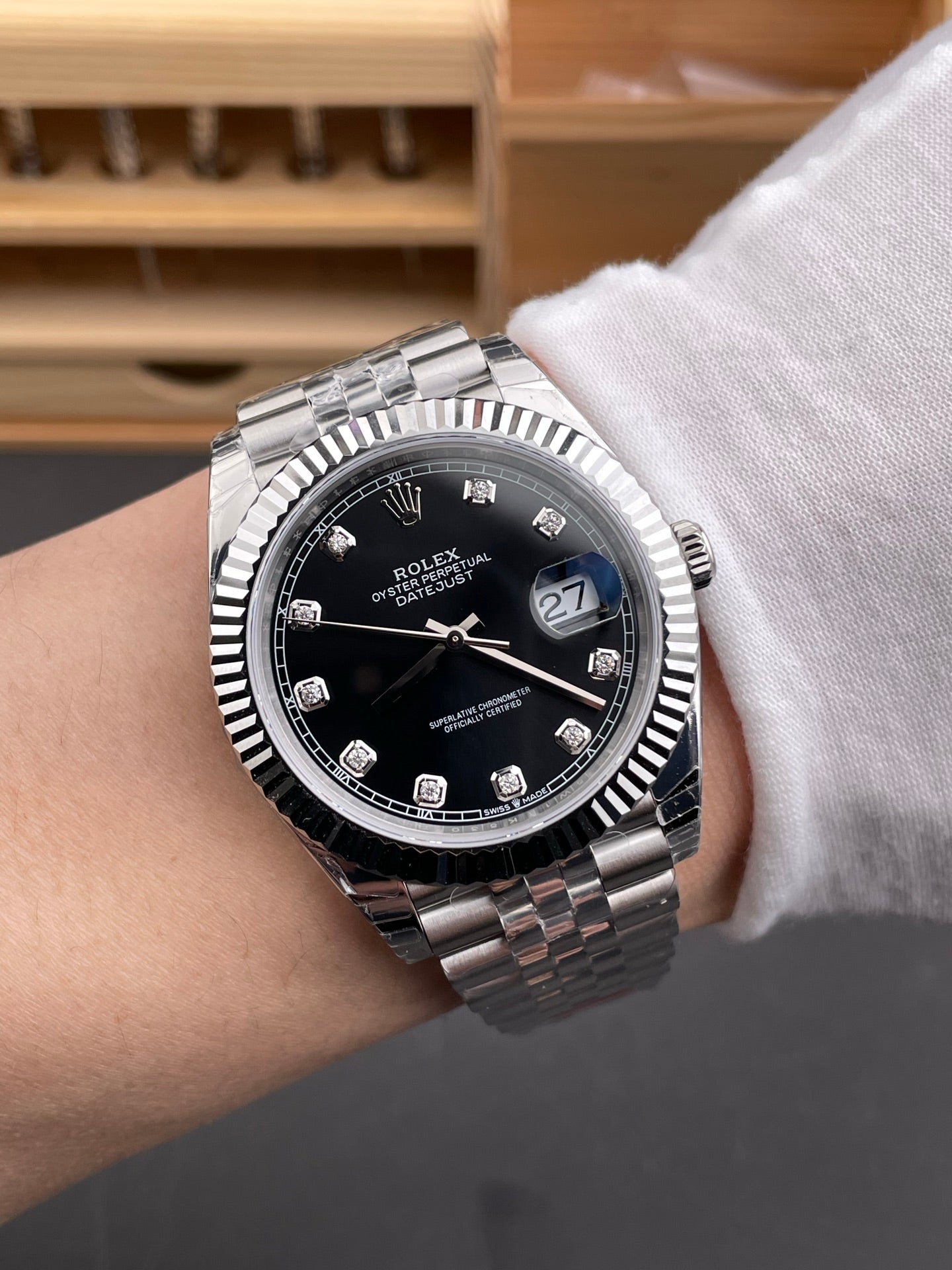 Rolex Datejust Black Dial Diamond Markers + Steel Bezel + Jubilee