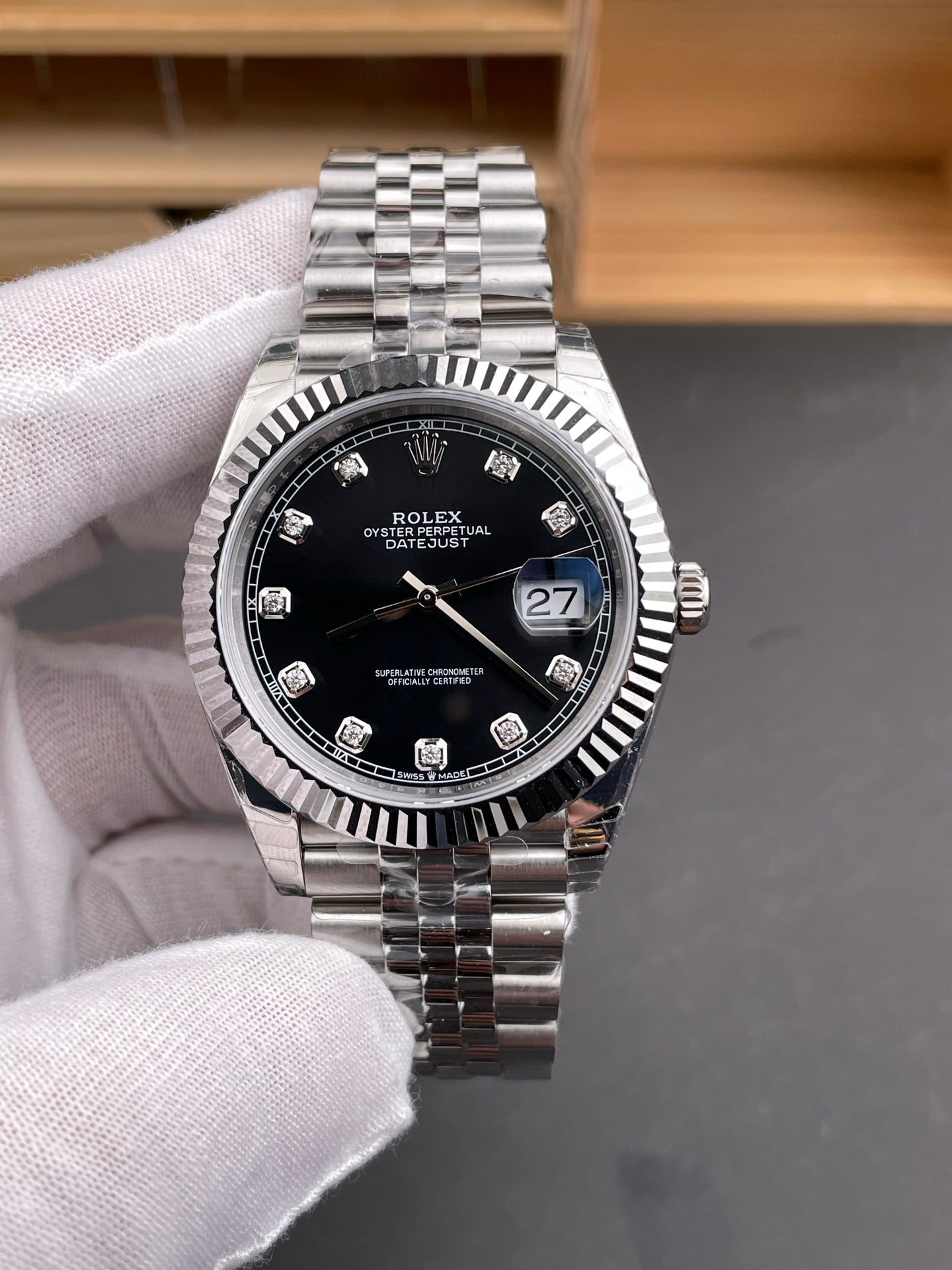 Rolex Datejust Black Dial Diamond Markers + Steel Bezel + Jubilee